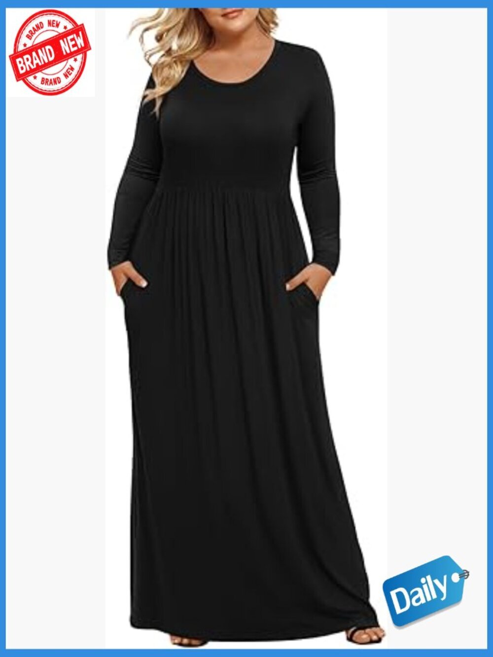 Plus Size Maxi Dress with Pockets Long Sleeve A-Line Casual
